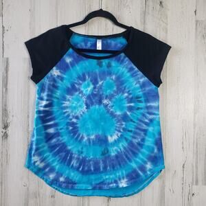 Over The Limit Blue Paw Print Tie Dye Raglan Short Sleeve T-Shirt Size XL